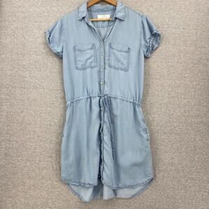 Thread & Supply Shirt Dress Women Medium Blue Button Up Drawstring Waist Pockets
